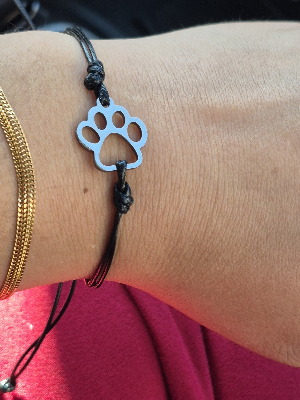 Paw Print Cord Bracelet in Silver Pendant Charm and Black String☆ Adjustable Fit